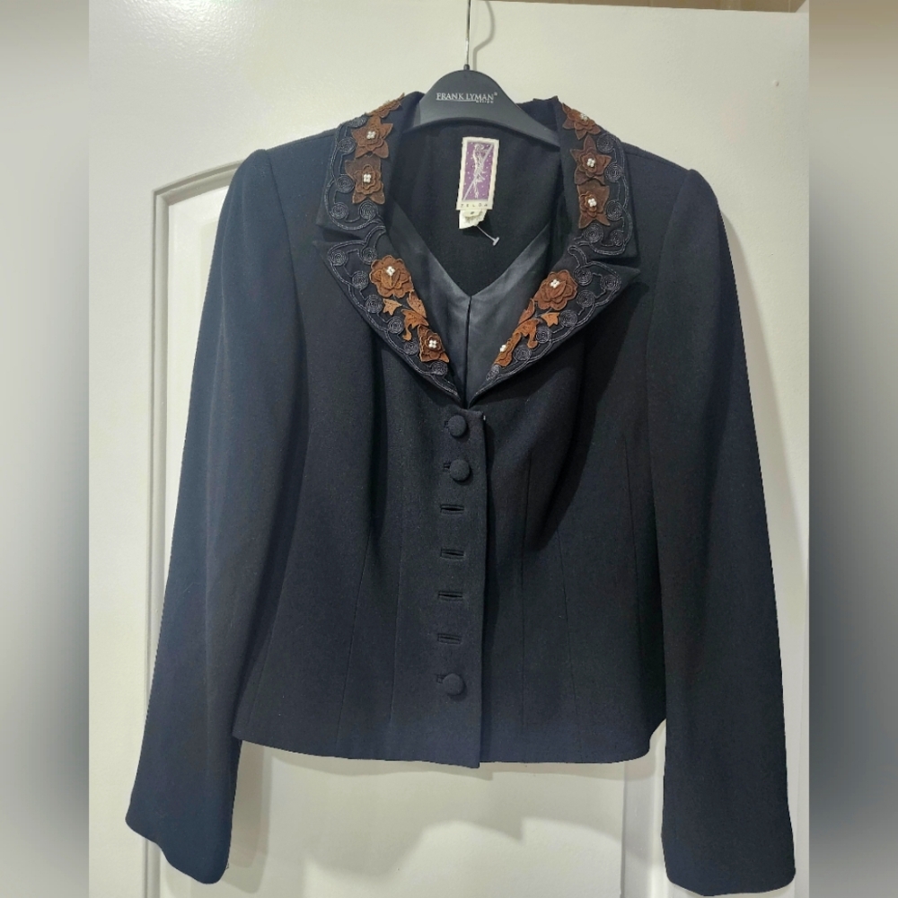 Vintage Zelda Black Short Blazer with Brown/Black Floral neckline Size 6